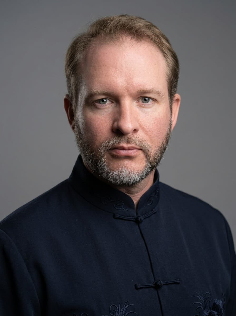 Portrait of Sifu Michael Johnson in a dark traditional jacket