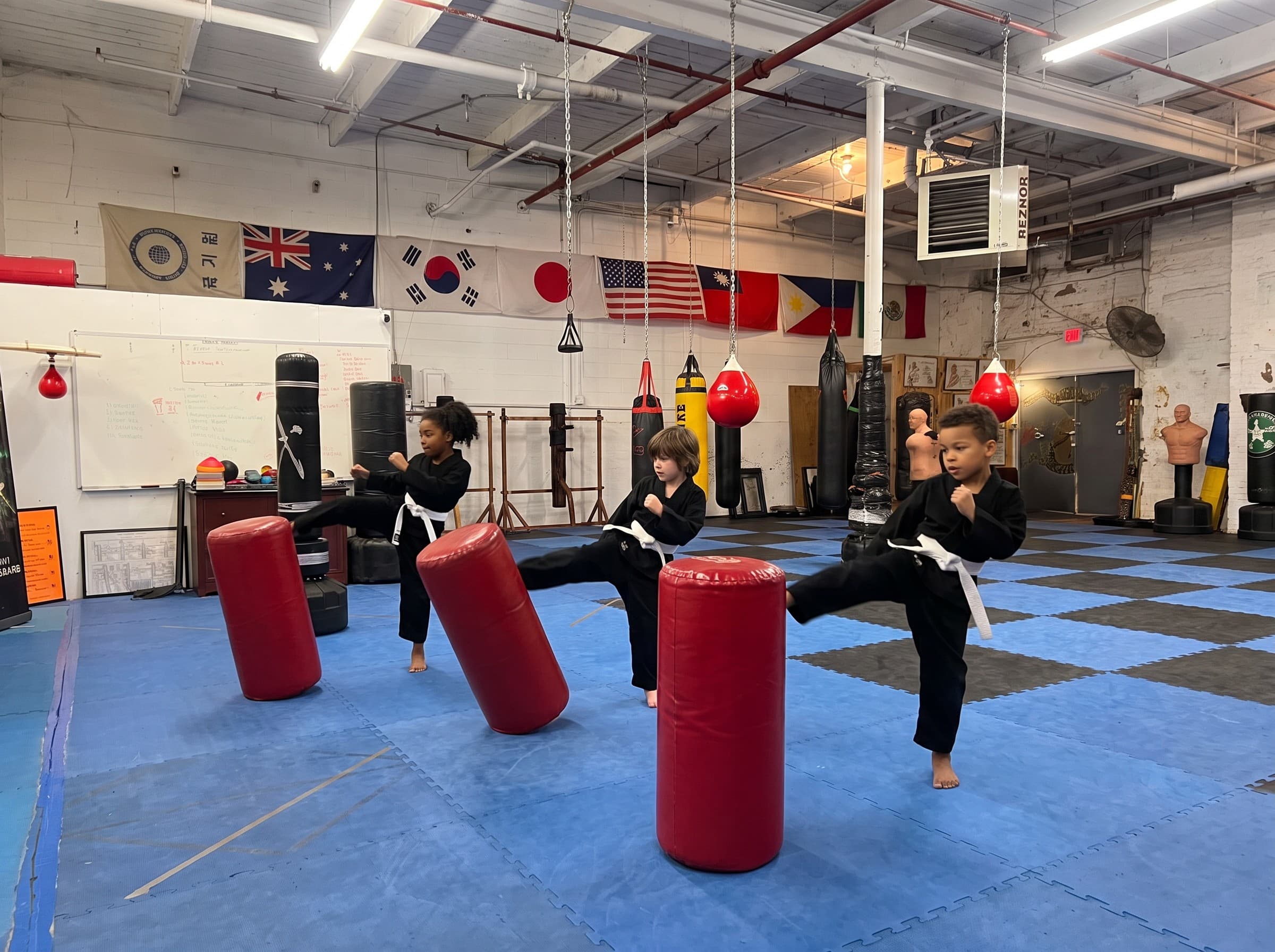 Kids class kicking striking pads in the hall